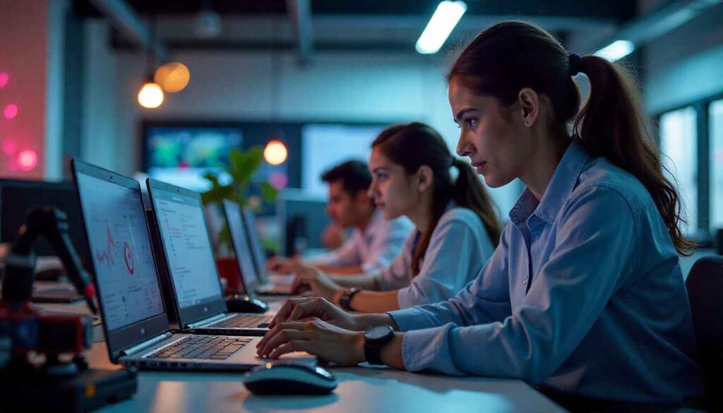 Indian engineering students working on AI and robotics projects in a modern lab with laptops and robots
