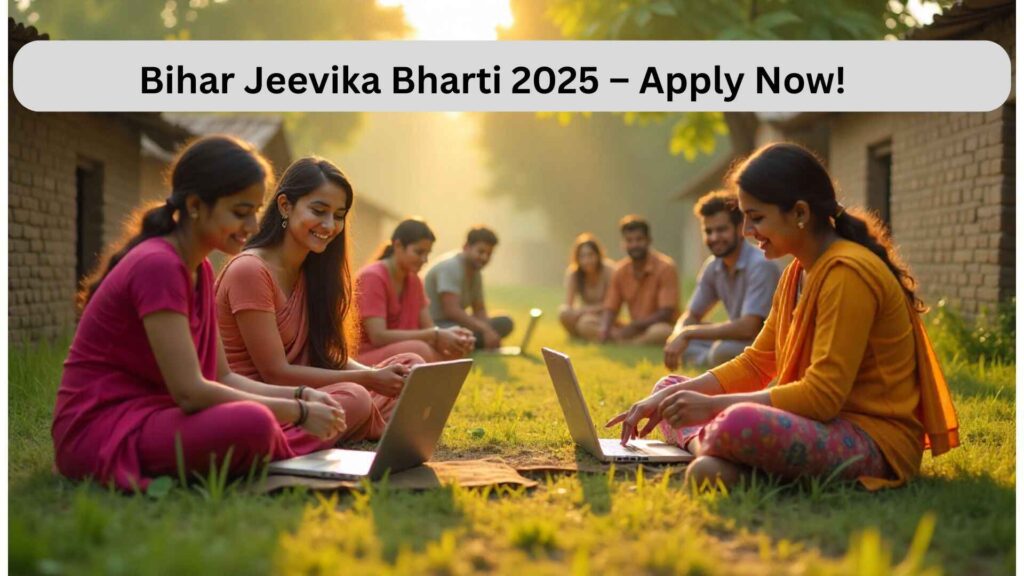 Young professionals working with villagers in a rural Bihar village, representing Bihar Jeevika Bharti 2025 opportunities.