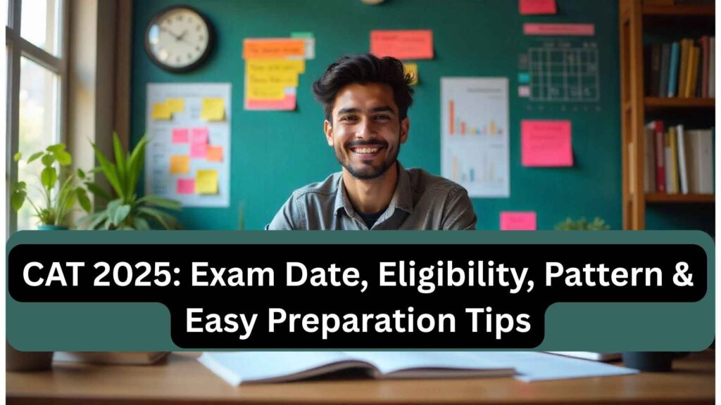 Indian student studying for CAT 2025 with books, laptop, charts, and notes, preparing for MBA entrance exam