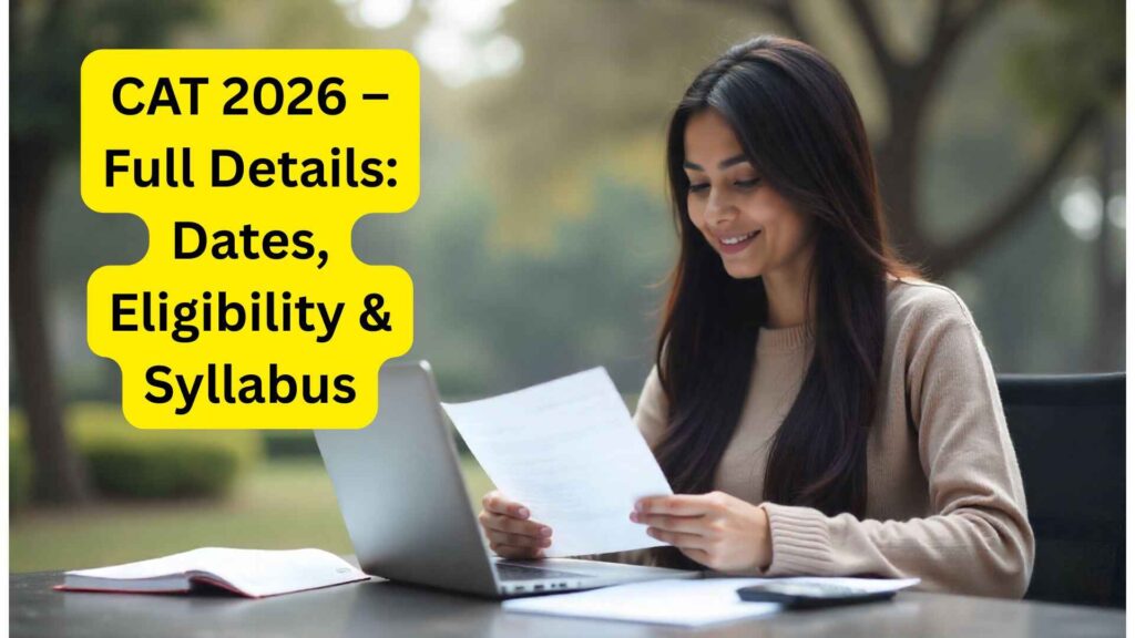 Indian student preparing for CAT 2026 exam with books and laptop.