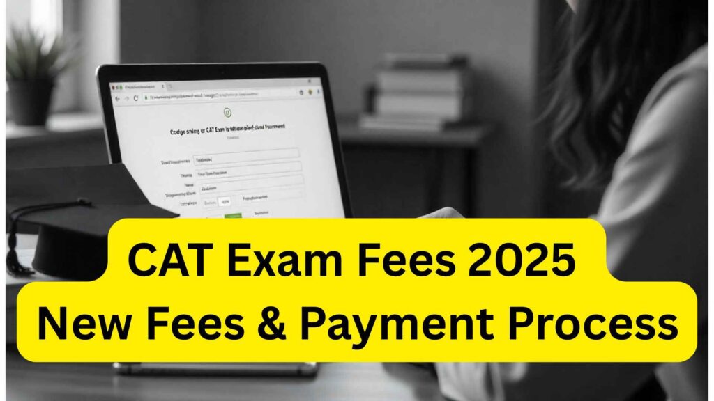 Student paying CAT Exam Fees 2025 online with laptop, credit card, and IIM campus illustration in background