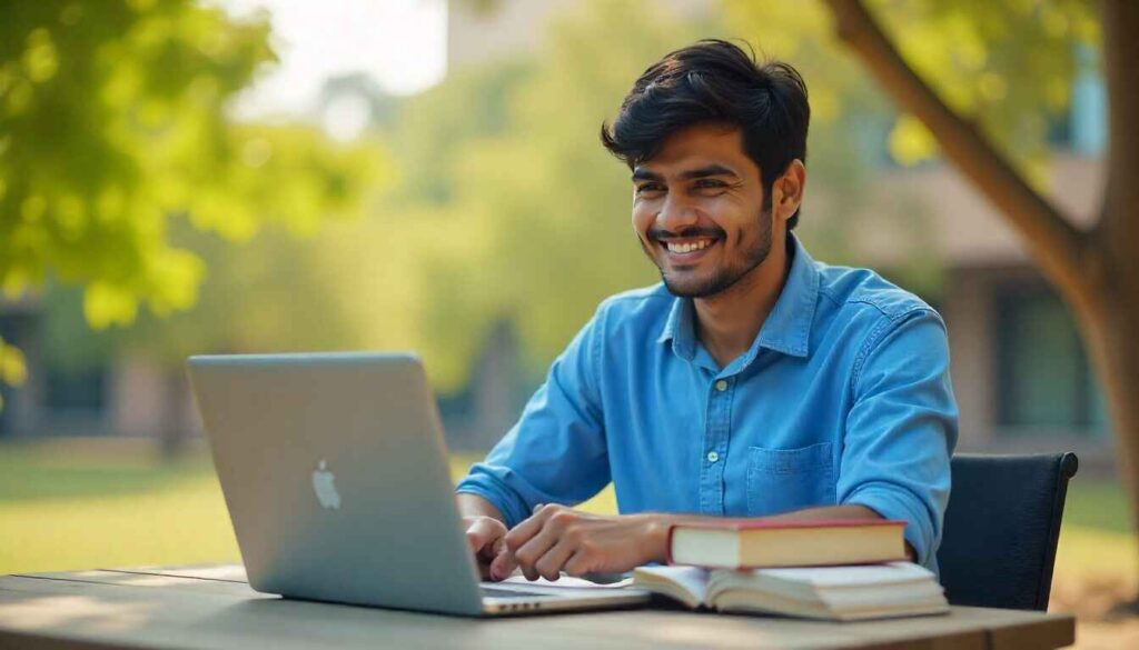 Student preparing for CLAT GK section with books, laptop showing Current Affairs, and law symbols in background