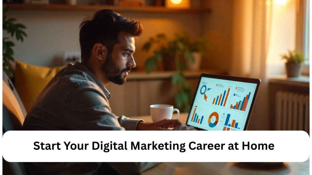 Indian professional working remotely on laptop with marketing charts and social media icons, representing digital marketing job from home.