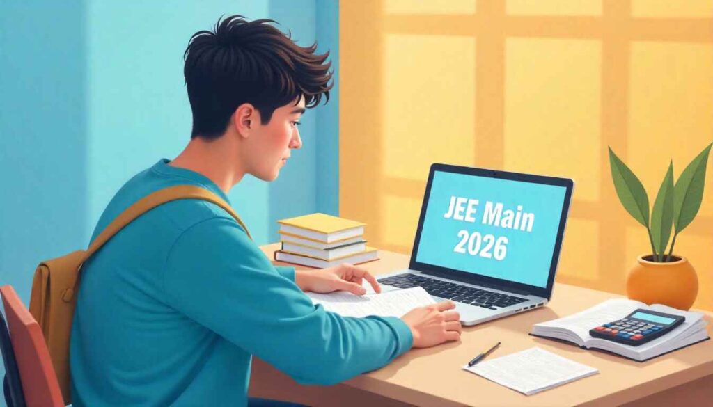 Student preparing for JEE Main 2026 exam with books, laptop showing exam pattern, and notes on the desk.