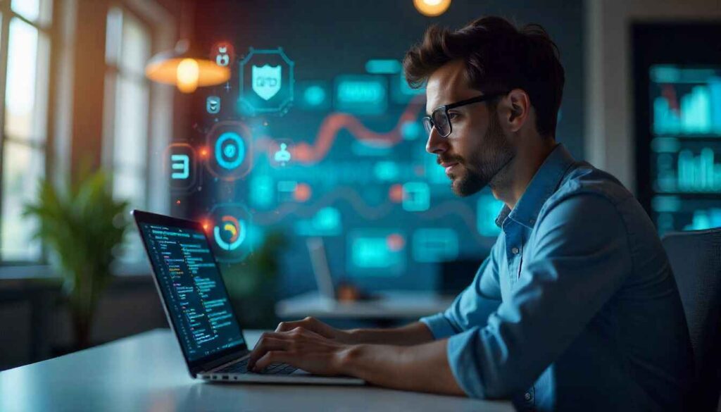 Machine Learning Engineer working on laptop with AI data charts and algorithms in a modern office