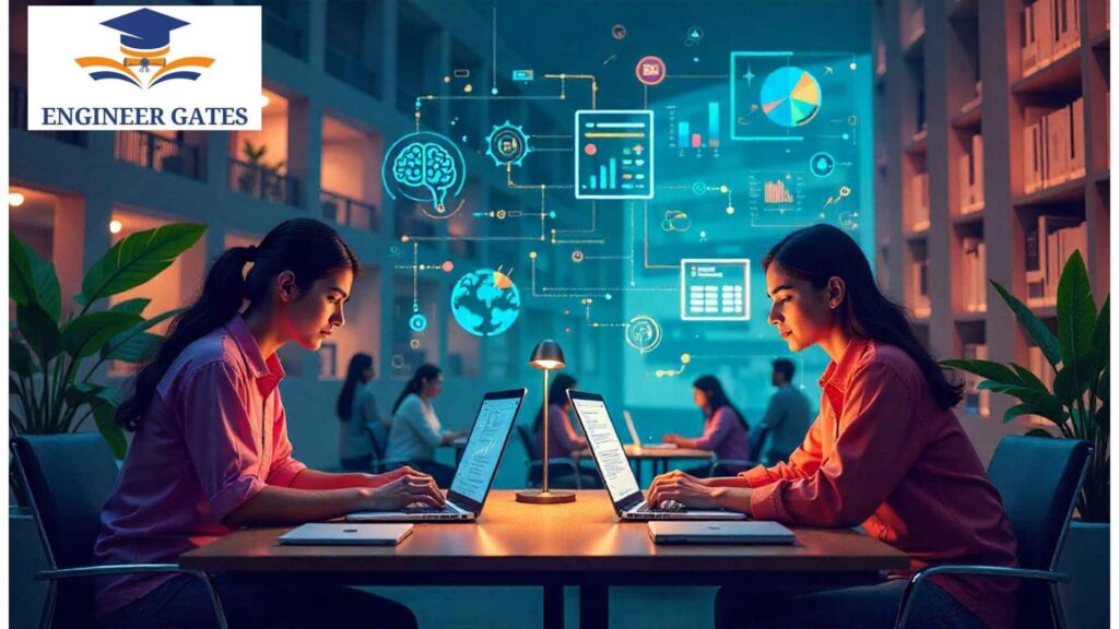 Indian students studying AI and Data Science at top non-IIT colleges with modern technology and campus background