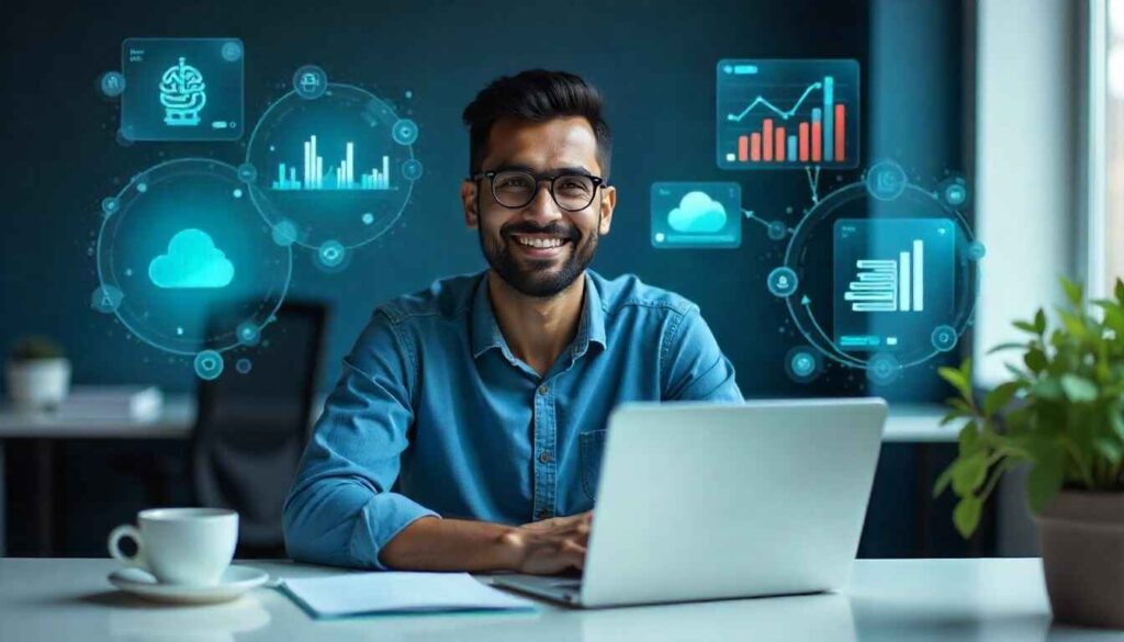 Indian engineer learning AI, cloud computing, and data analytics in a modern office.
