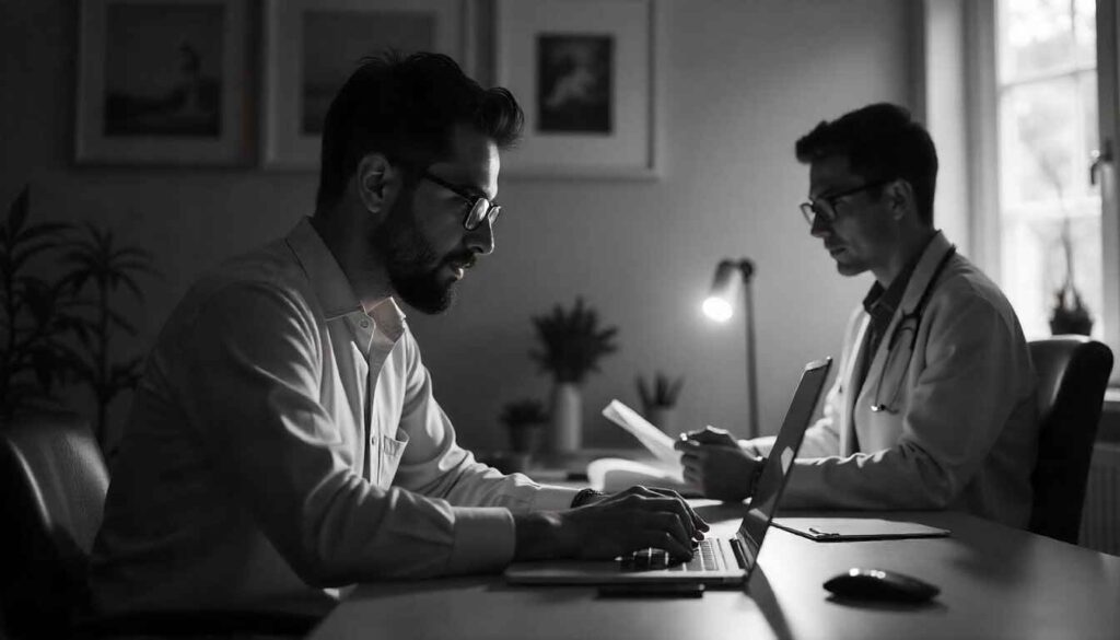 An Indian engineers working on laptop earning high income while a doctor is consulting a patient in hospital