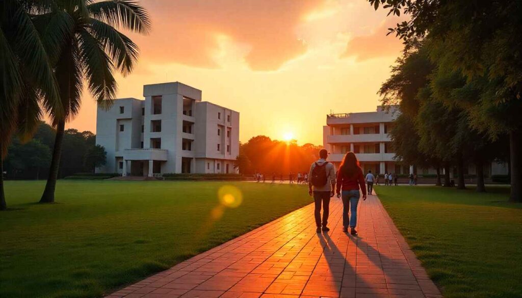 IIM Calcutta campus view with students and main building
