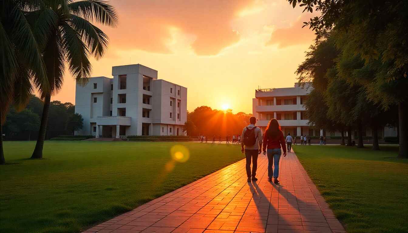 IIM Calcutta campus view with students and main building