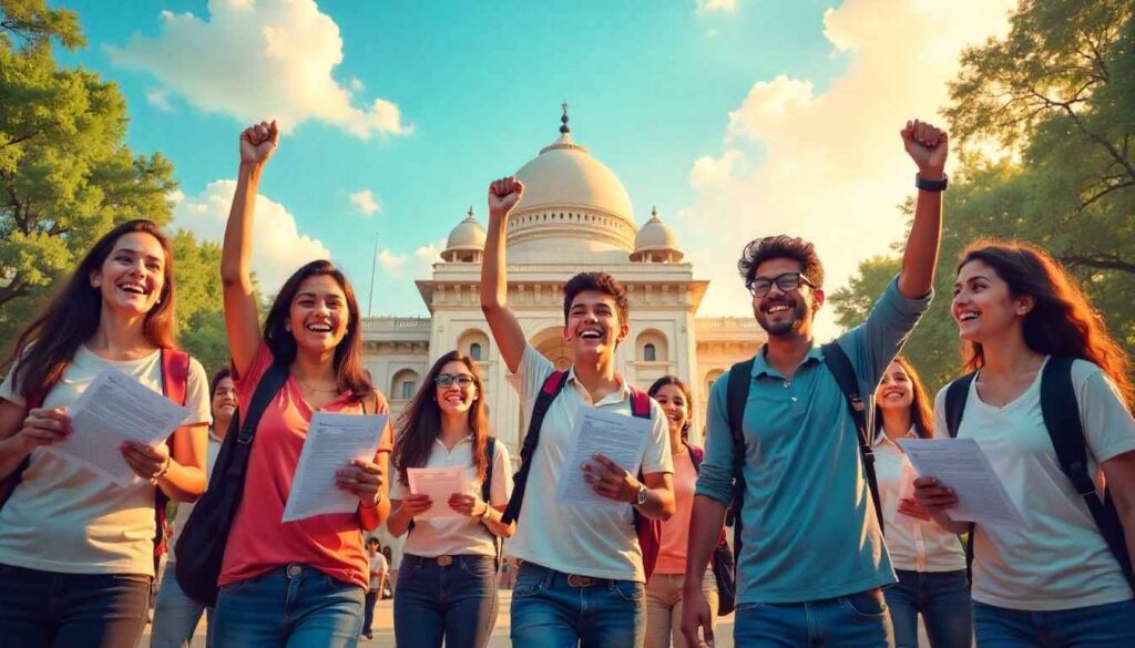 Top IIT choices in JEE Advanced 2025 – IIT Bombay, IIT Delhi, IIT Madras with happy students after JoSAA counselling.