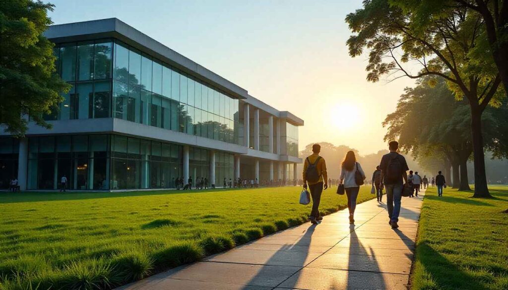 MBA college campus in Hyderabad with modern building and students